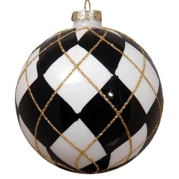 Χριστουγεννιάτικη Γυάλινη Μπάλα Καρό Μαύρο με Λευκό (10cm)